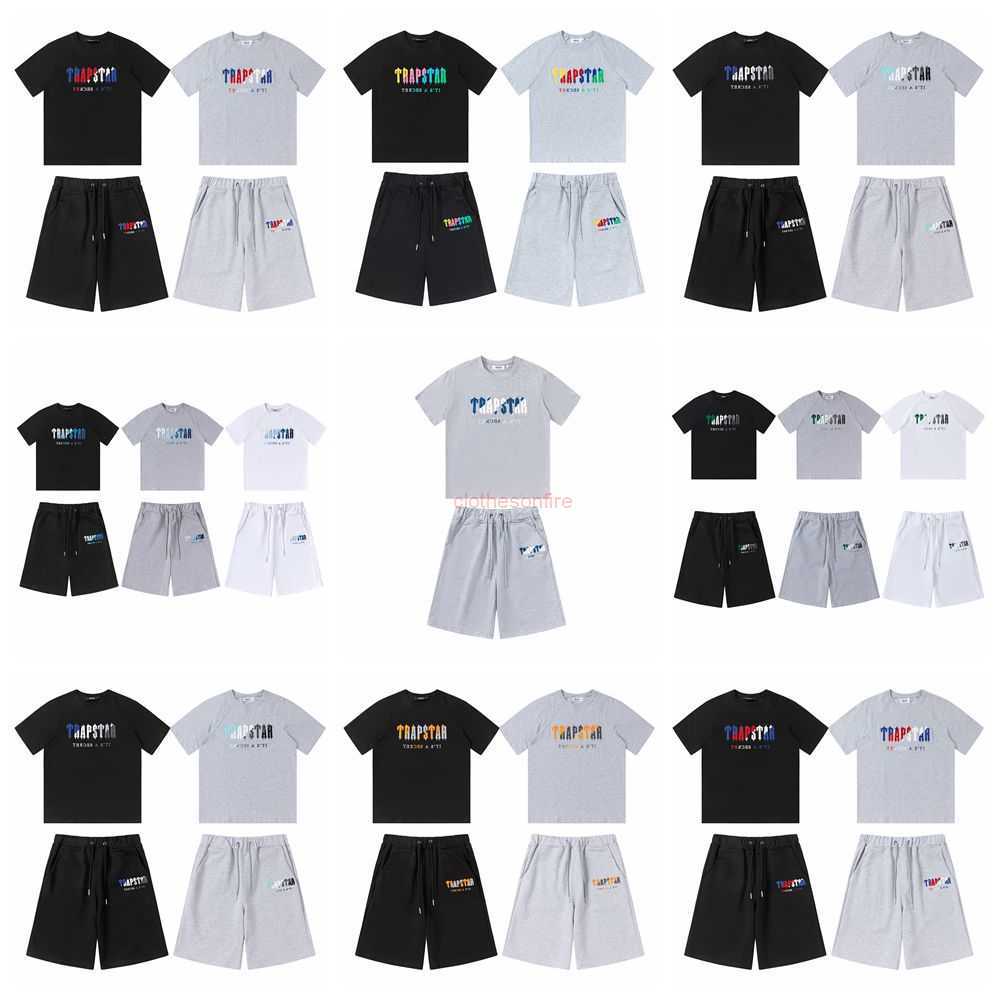 

Designer Fashion Clothing Tees Tsihrts Shirts Trapstar Rainbow Gradient Towel Embroidered Short Sleeve Shorts Loose Fit Sports Casual Set Cotton Mens Womens Summe, 609 # black suit
