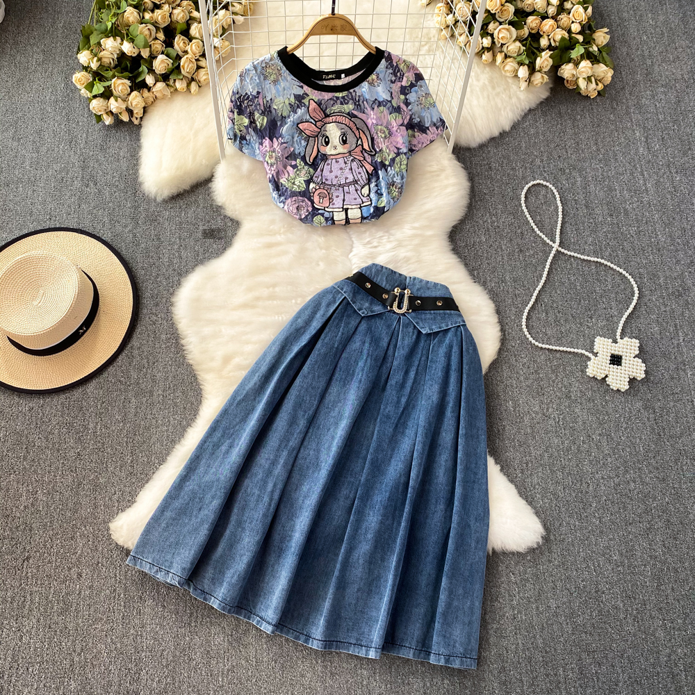 

Two Piece Dress Summer Fashion Tshirt Denim Skirt Two Piece Set Women's Outfits Cartoon Embroidery Print Lace Tshirt Long Skirt Suits Female 2023, Same as picture