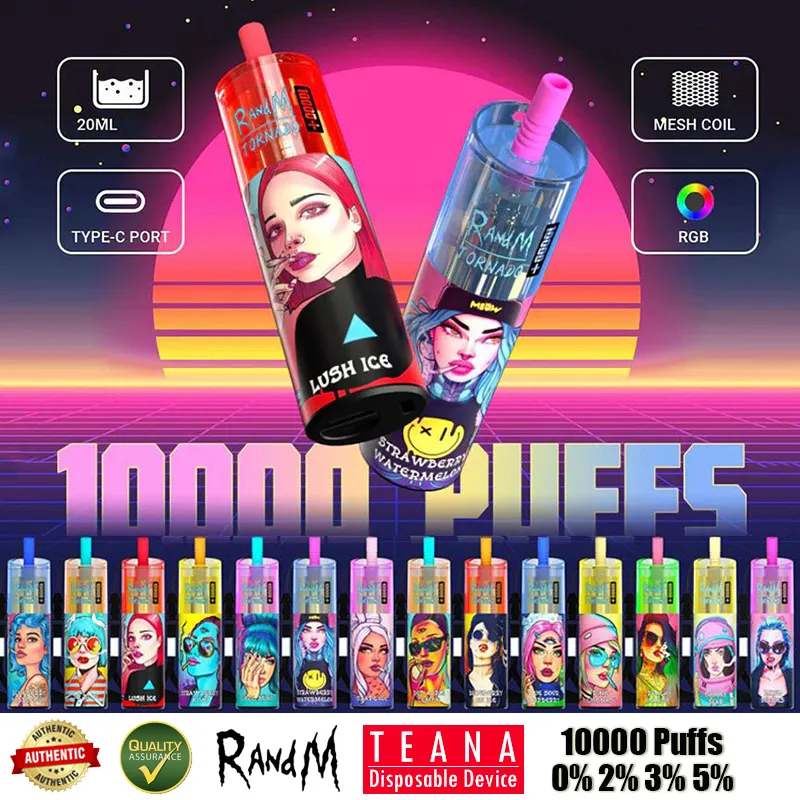 

Original RandM Tornado 10000 Plus Disposable E Cigarette Rechargeable Mesh Coil Vape Pen Device 20ml Pods Carts R and M 10K Puffs Vapes 14 Colors