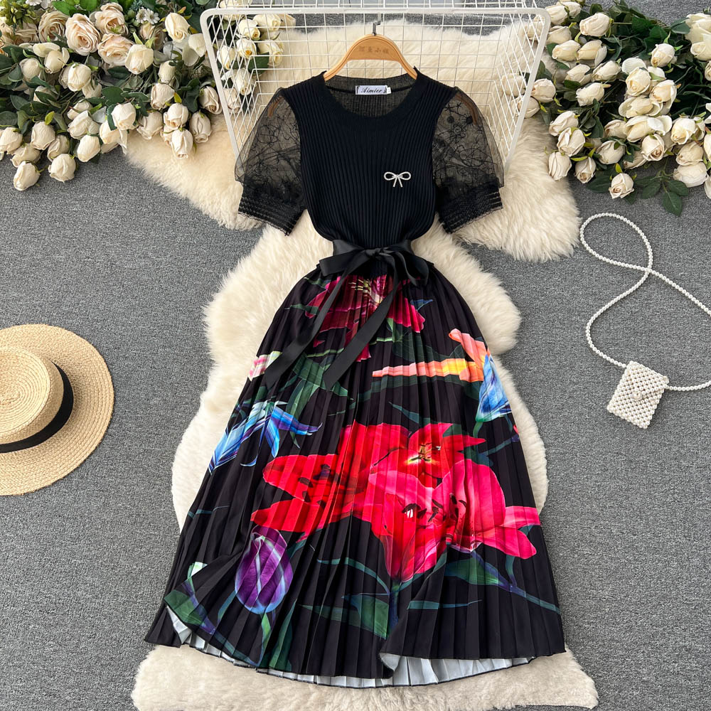 

Casual Dresses Fashion Knitted Patchwork Pleated One Piece Dresses Women Elegant Mesh Puff Sleeve Sashes Bow Print Long Fake Two Piece Dress 2023, Same as picture