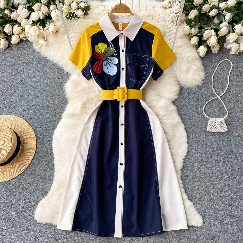 

Casual Dresses Elegant OL Color Block Patchwork Shirt Dresses Women New Playful Casual Sequined Embroidery Flower Belt Summer Dress Vestido Mid 2023, Same as picture