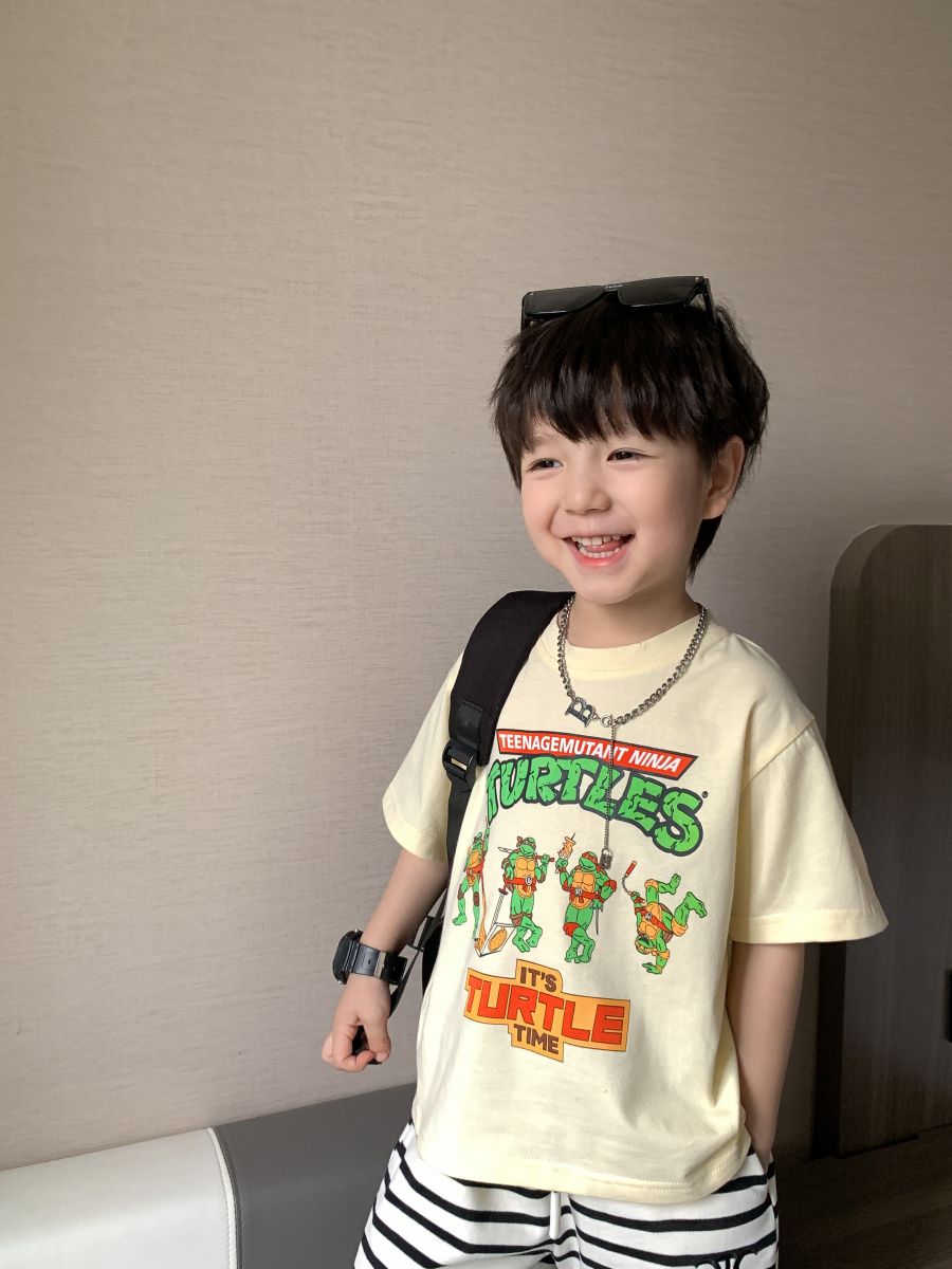 

Summer New Children's T-shirt Round Neck Short Sleeve Casual Boys' Clothing Cartoon Print Design Thin Fashion Handsome High Quality Baby 2 to 14 Years Old, Beige