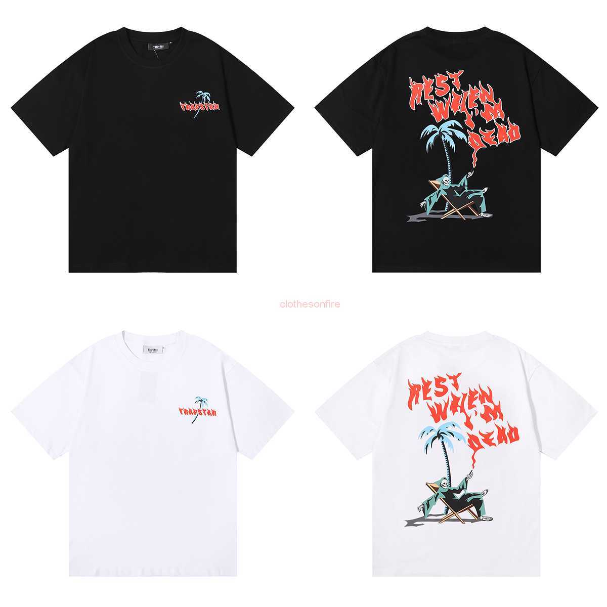 

Designer Fashion Clothing Tees Tsihrts Shirts Brand Trapstar Coconut Tree Reclining Chair Comfortable Life Pattern Printed Double Yarn Cotton High Weight Short Sl, Black