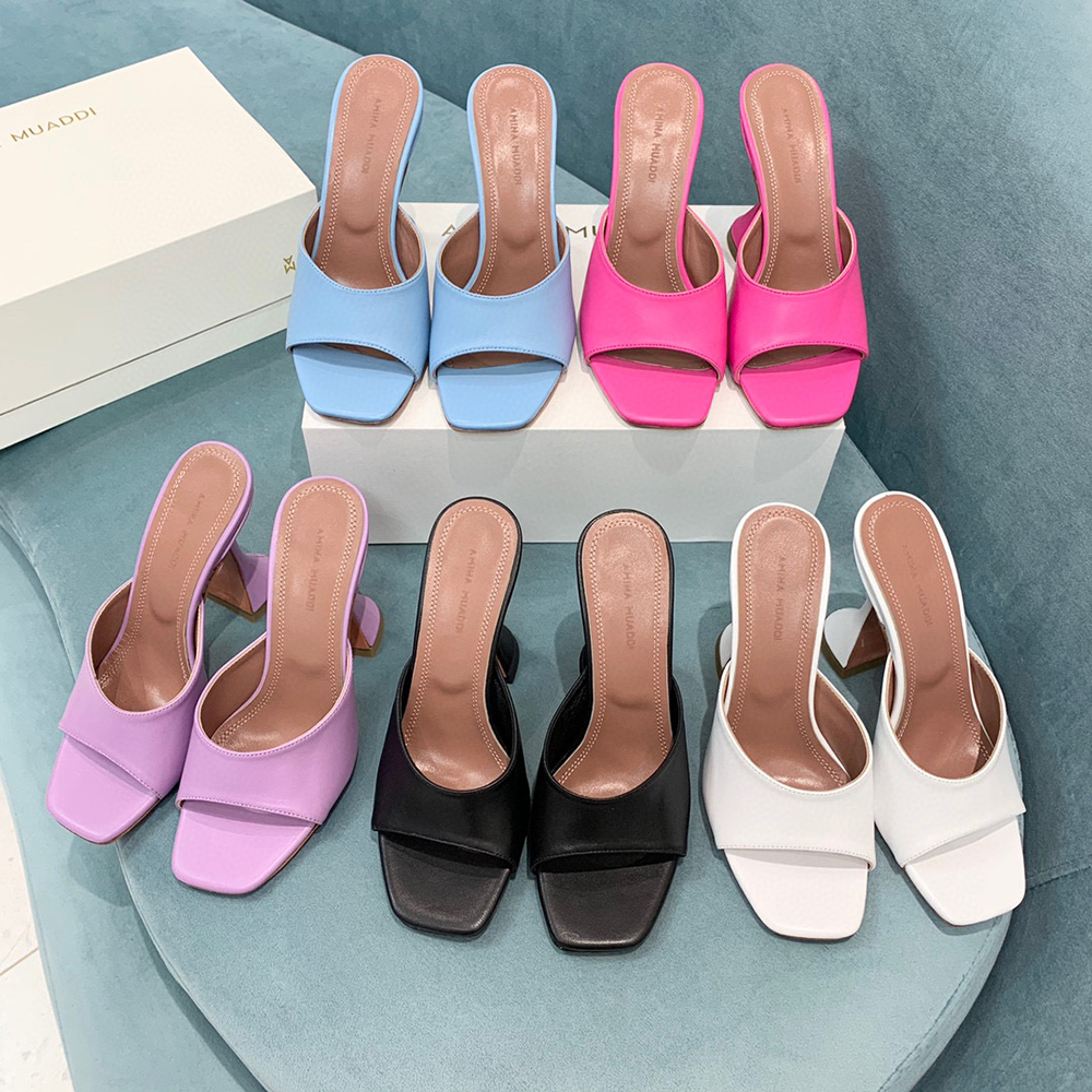 

Amina muaddi Begum leather slippers mules sandals shoes open toes slip-on slides spool Heel 9.5cm women's heels Luxury Designers heeled sandals factory footwear, Fuchsia