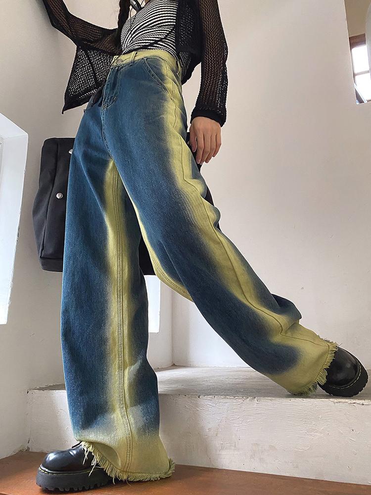 

Jeans Summer Washed Gradient Straight Women's Jeans High Waist Loose Wide Leg Pants Ladies Jeans Y2k Retro High Street Denim Trousers, Beige