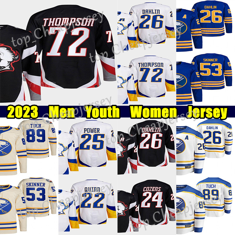 

#72 Tage Thompson Reverse Retro hockey jersey #26 Rasmus Dahlin #24 Dylan Cozens #27 Devon Levi Owen Power Jeff Skinner Alex Tuch Ukko-Pekka Luukkonen jerseys, Gray