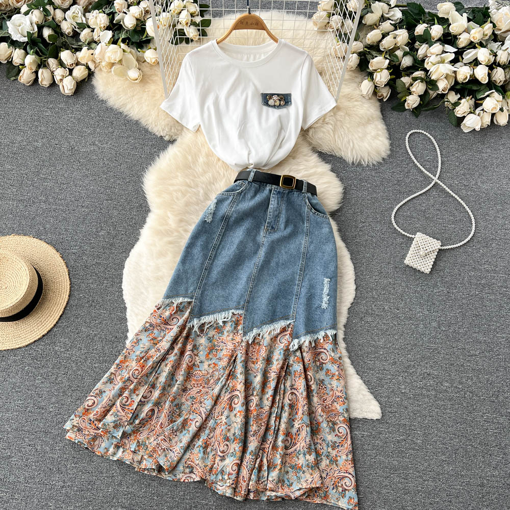 

Two Piece Dress Vintage Tassel Denim Stitching Skirt Suit 2023 Summer New White Tshirt + Retro Print Patchwork Denim Skirt 2 Piece Set Women, Same as picture
