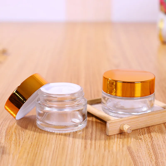 Clear Glass Cosmetic Cream Bottle Round Jars Bottle with Inner PP Liners for Hand Face Cream Bottle 5g to 100g Gold Silver Lids