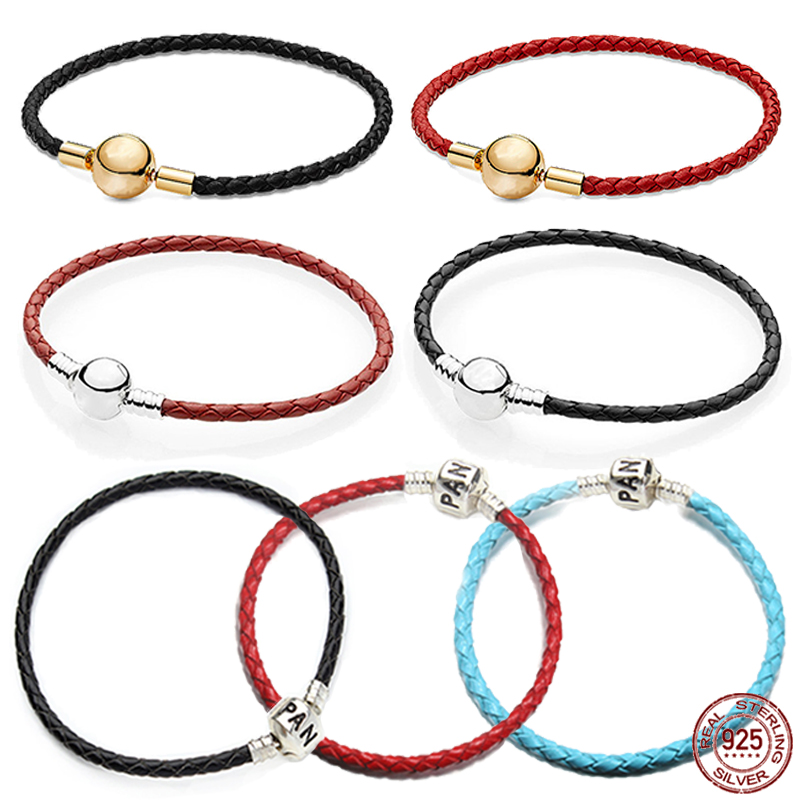 

925 Sterling Silver Classic Circular Bucket Leather Leather Bracelet Is Suitable for Primitive Pandora Bracelet Charm Pearl DIY Gift Free Delivery