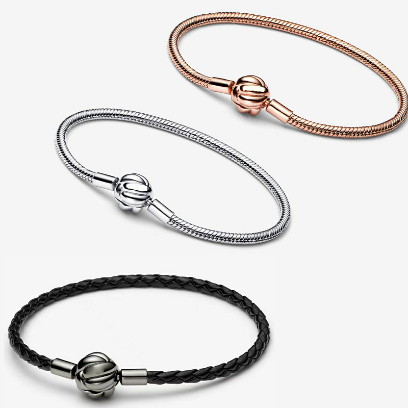 

New Concentric Braided Leather Bracelet Silver Bracelet 925 Sterling Silver Pandora Original Diy 2023 Women's Jewelry Free Delivery
