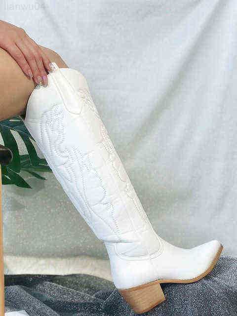 Cowboy Cowgirls Western Boots Autumn Winter White Knee High Women Big Size 41 Comfy Walking Stacked Heels Vintage Shoes ID lianwu04