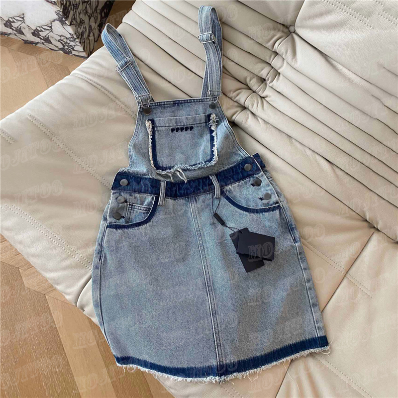 

Embroidered Denim Strap Dresses For Women Designer Letter High Grade Short Skirts Vintage Street Style Dress, Blue