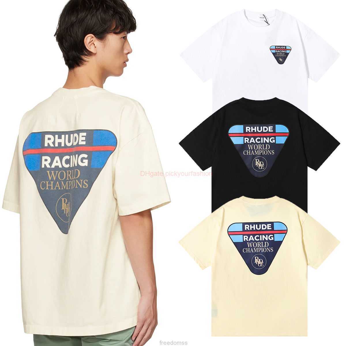 

Designer Fashion Clothing Tees Tshirt Rhude Race Patch World Champion Commemorative Double Yarn Pure Cotton Casual Short Sleeve Tshirt for Men Women Cotton Streetw, Black 5057