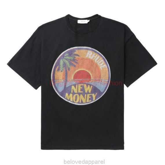 

Designer Fashion Clothing Tees Tshirt Ru241 Rhude new Money Graphic Sunshine Palm Tree Beach Printed Short Sleeve Tshirt Cotton Streetwear Tops Casual Sportswear R, Black