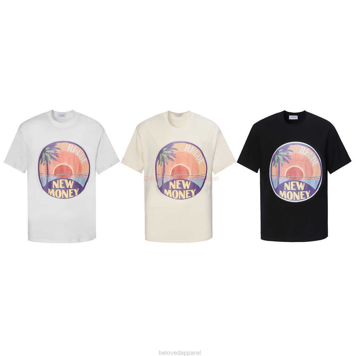 

Designer Fashion Clothing Tees Tshirt Rhude New Money Sunset Coconut Tree Seaside Print Loose Casual Short Sleeve Tshirt for Men Women Cotton Streetwear Tops Casual, White lk rh26