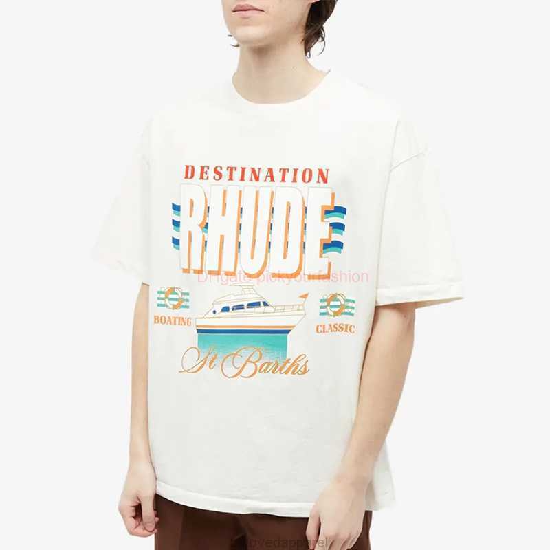 

Designer Fashion Clothing Tees Tshirt American Fashion Brand Rhude Sailing Cruiser Wave Loose Round Neck Summer Couple Short Sleeve Mens Half Sleeve Pure Cotton Tsh, Creamy-white