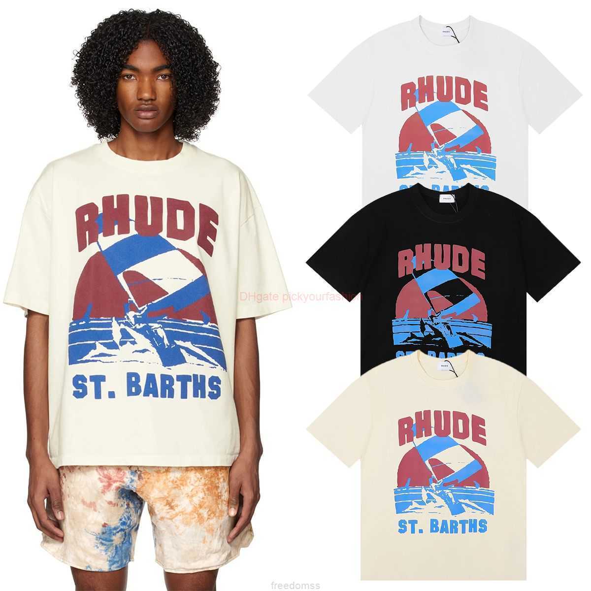 

Designer Fashion Clothing Tees Tshirt 2023ss High Street Leisure Fashion Brand Rhude Sail Surfing Print High Quality Double Yarn Pure Cotton Short Sleeve Tshirt for, White fh5069