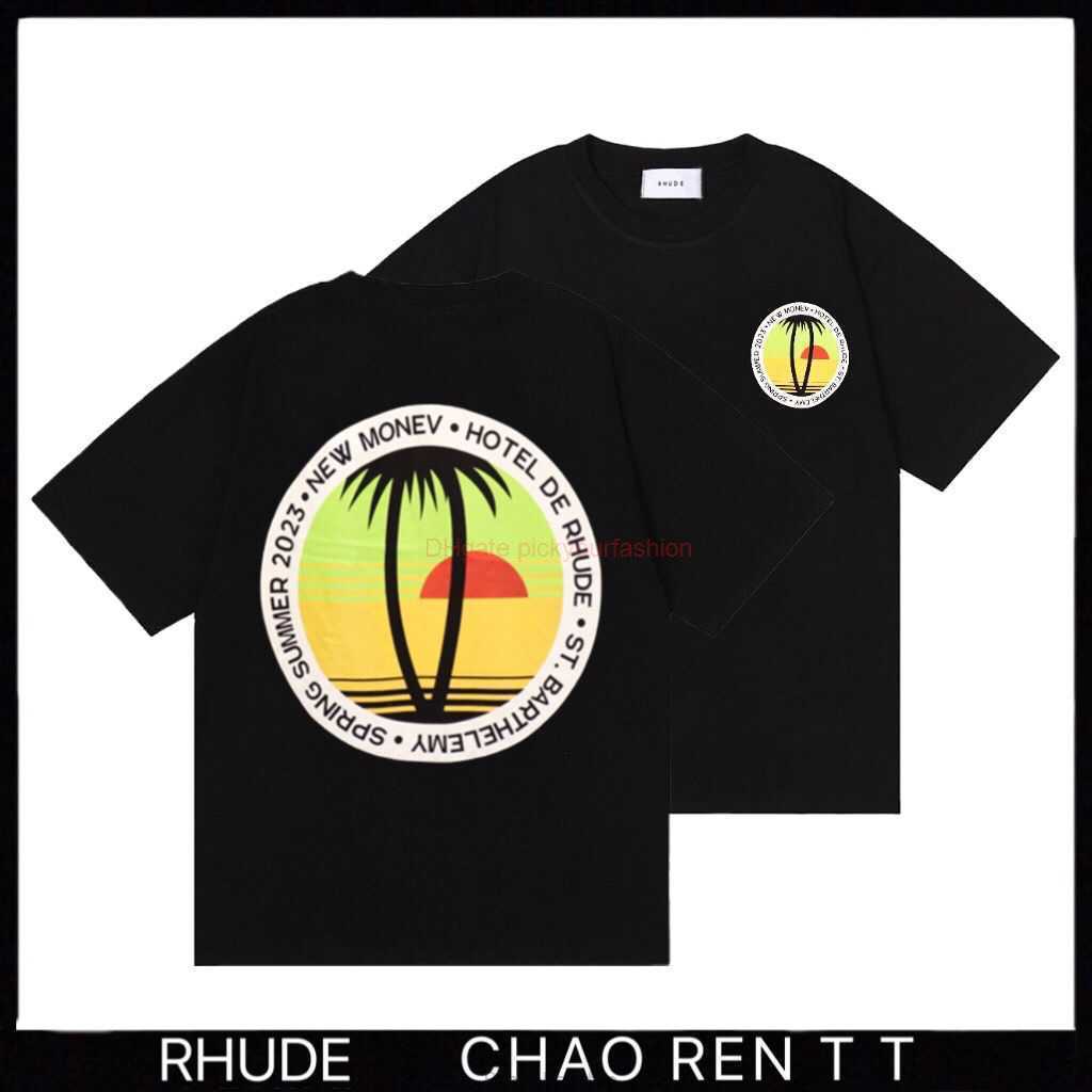 

Designer Fashion Clothing Tees Tshirt Correct Rhude 23xf Summer Sunset Coconut Tree Pattern Short Sleeve Couple Versatile Tshirt Cotton Streetwear Tops Casual Spo, Black