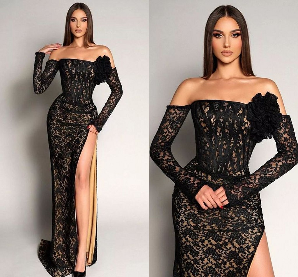 

Sexy Black A Line Prom Dresses Long for Women Off Shoulder Long Sleeves High Side Split Lace Applique Formal Wear Special Occasion Birthday Pageant Evening Gowns