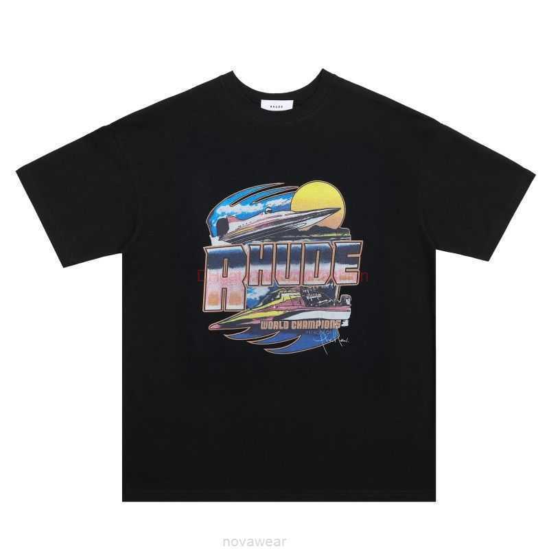 

Designer Fashion Clothing Tees Tshirt American Niche Trendy Rhude Summer New Sunset Yacht High Street Loose Round Neck Short Sleeve Couple Tshirt Cotton Streetwear, Black