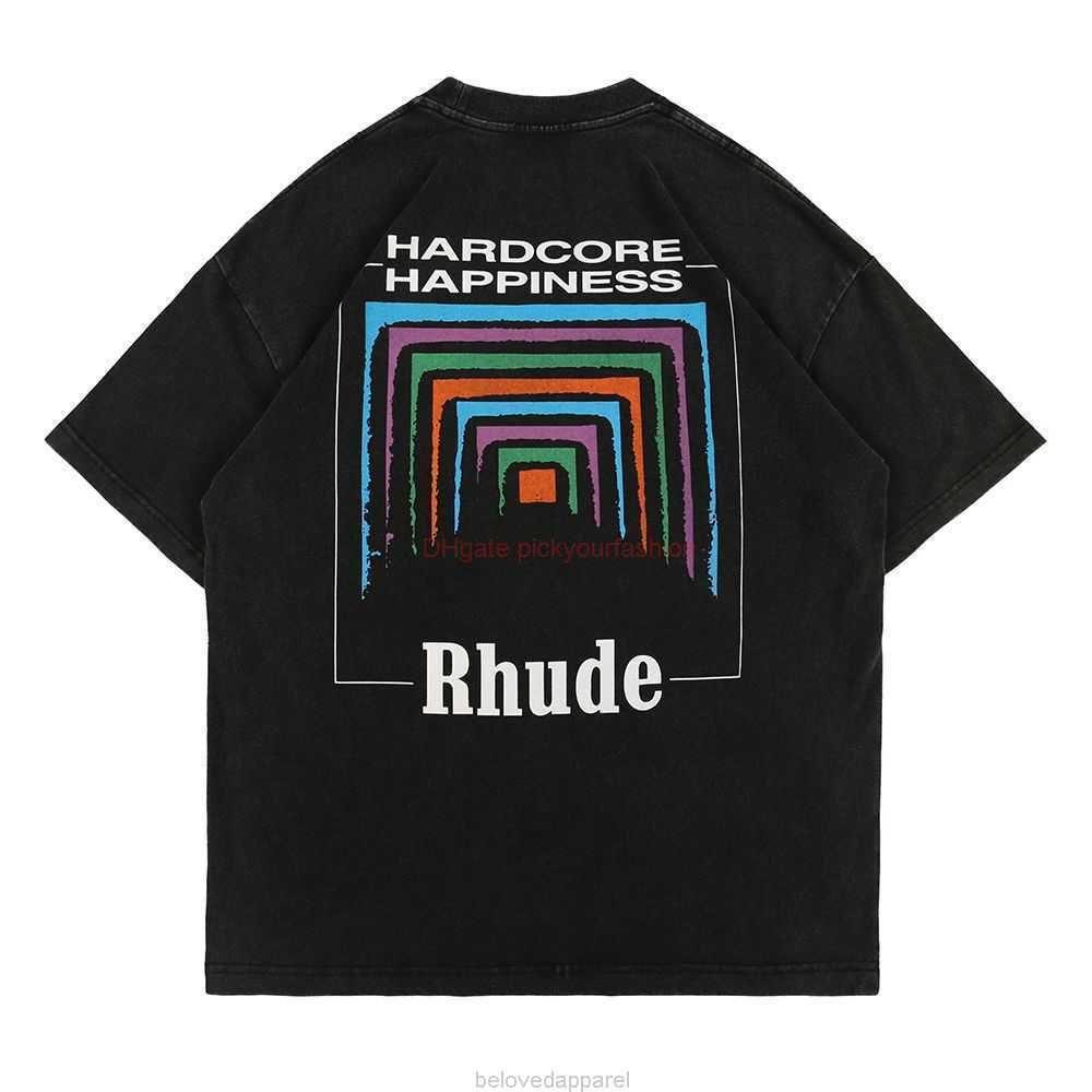 

Designer Fashion Clothing Tees Tshirt Small Trendy Rhude Seven Color Frame Printing Highquality Pure Cotton Washed Wornout Loose Short Sleeved Tshirt for Men Women, Black fgss k-138