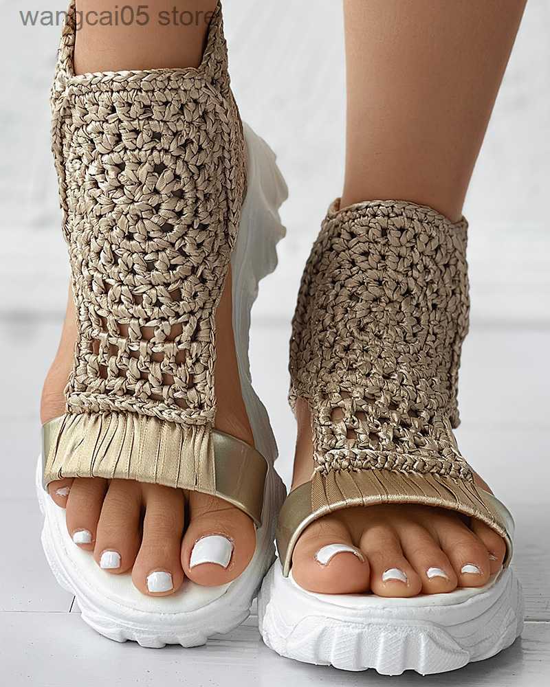 

Sandals Women Sandals Braided Geometric Platform Wedge Sandals Knitted Elastic Summer Slippers Mesh Flat Sandals Hollow Female Shoes T230619, Gray