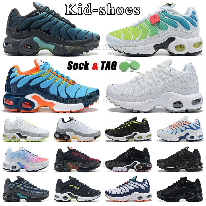 

2023 designer kid shoes tn plus running shoes children trainers triple white dark blue orange black green yellow boys and girls toddler kids sneakers big size 4y youth, Tag+extra laces+socks