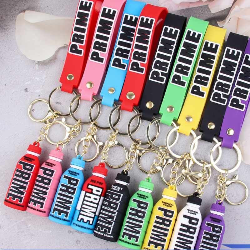 

Keychains Lanyards Prime Drink Rubber Keychain Cute Bottle Key Chains Ornament Car Bag Pendant Keyring Z0033