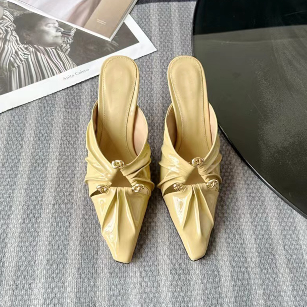 

Women's stiletto slippers Mule sandals Cowhide patent leather pointed slides luxury designer high-heeled evening shoe factory footwear With box, Black 2#