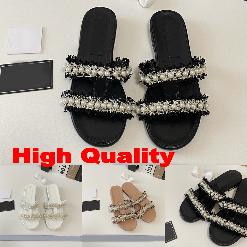 

Women Khaki Pearls Slipper Sandals Casual Shoes Lady Summer Designer White Flat Slide Slipper Outdoor Beach Oversize Shoe Flops shoes Daily Life Fashion Slipper, Color 2