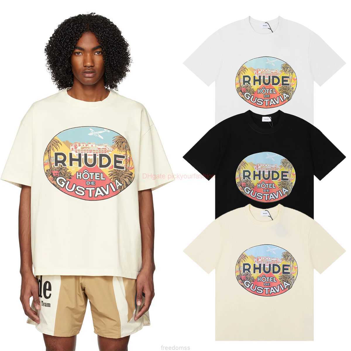 

Designer Fashion Clothing Tees Tshirt 2023ss High Street Fashion Rhude Gustavia Hotel Printed Double Yarn Pure Cotton Casual Short Sleeve Tshirt for Men Cotton Stre, White fh5066