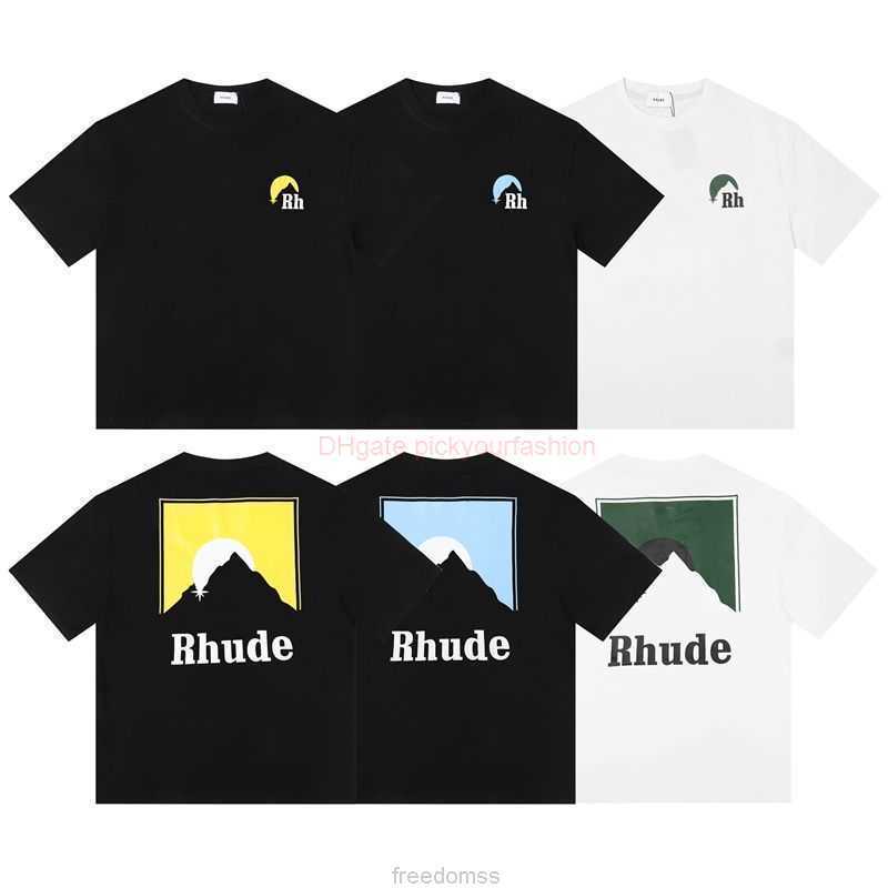 

Designer Fashion Clothing Tees Tshirt High Version Rhude Niche Trendy Brand American Style Mountain Sunset Letter Print Loose Lazy Style Men Women Short Sleeved Tsh, Black-yellow