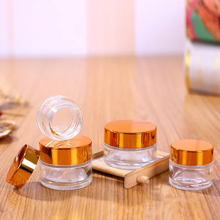 Clear Glass Cosmetic Cream Bottle Round Jars Bottle with Inner PP Liners for Hand Face Cream Bottle 5g to 100g Gold Silver Lids