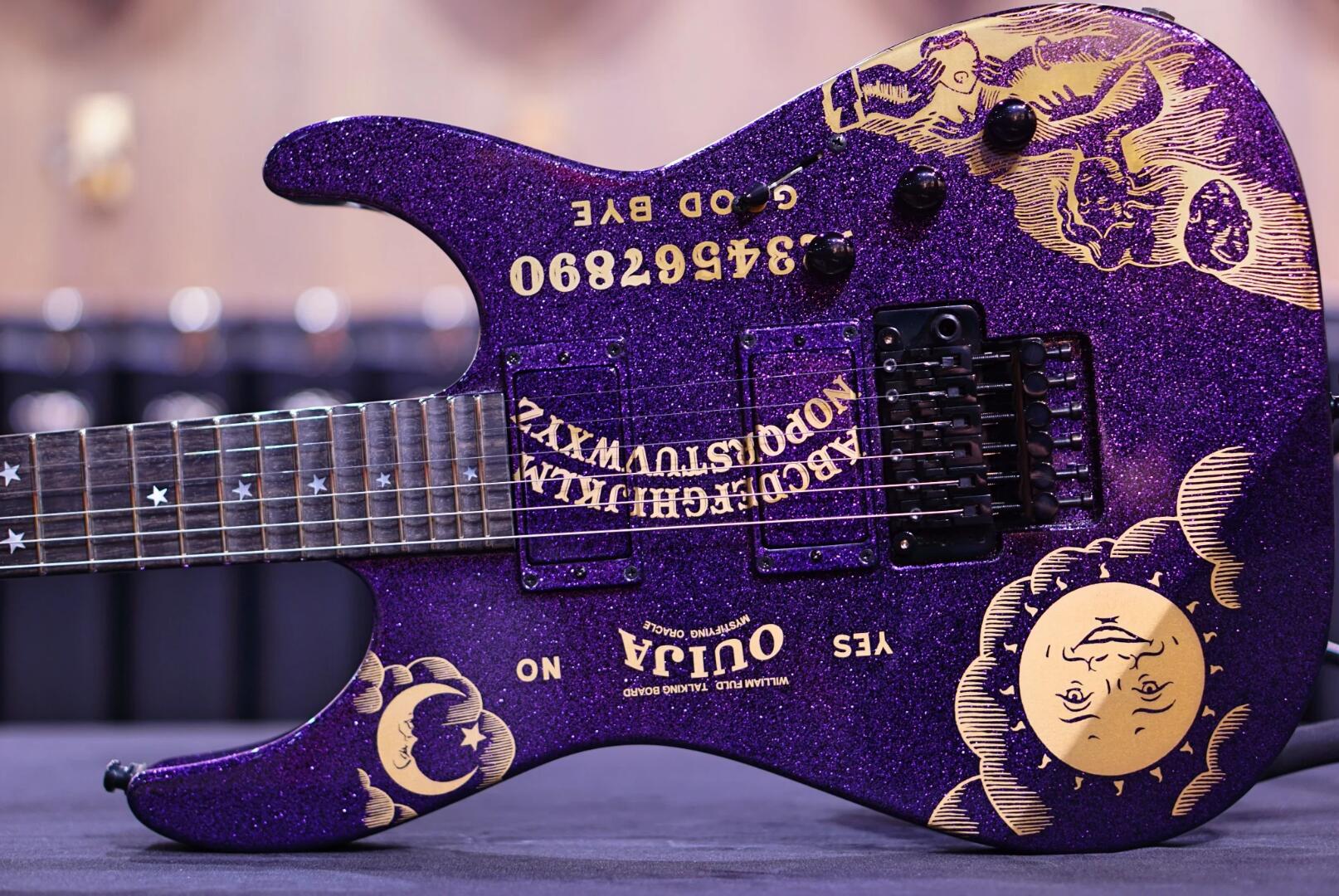 

Rare LTD KH-2 Ouija Metallic Purple Kirk Hammett Signature Electric Guitar Reverse Headstock, Floyd Rose Tremolo, Black hardware Star Moon Inlay China EMG Pickups