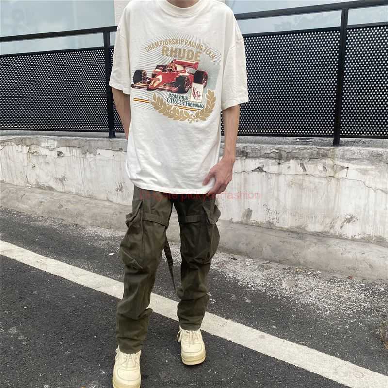 

Designer Fashion Clothing Tees Tshirt Rhude Hip Hop Wash Racing Print Cotton Loose Round Neck Short Sleeve Tshirt American Cotton Streetwear Tops Casual Sportswear, Creamy-white