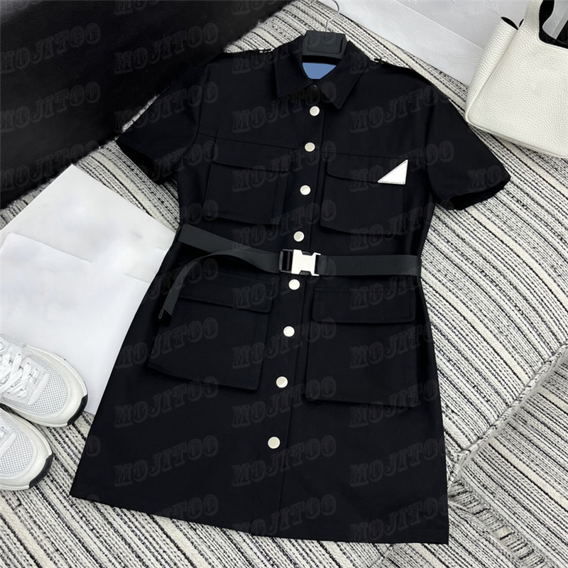 

Metal Badge Womens Dresses With Belt Short Sleeve Designer Skirts Ladies Charm Black Dress For Summer