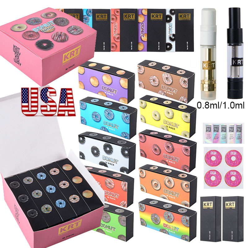 

USA Stock Donut Edition KRT Atomizers Empty Vape Pen Cartridges 1ml 0.8ml Ceramic Coils Carts 510 Thread Battery Thick Oil Wax Vaporizer E Cigarettes Box
