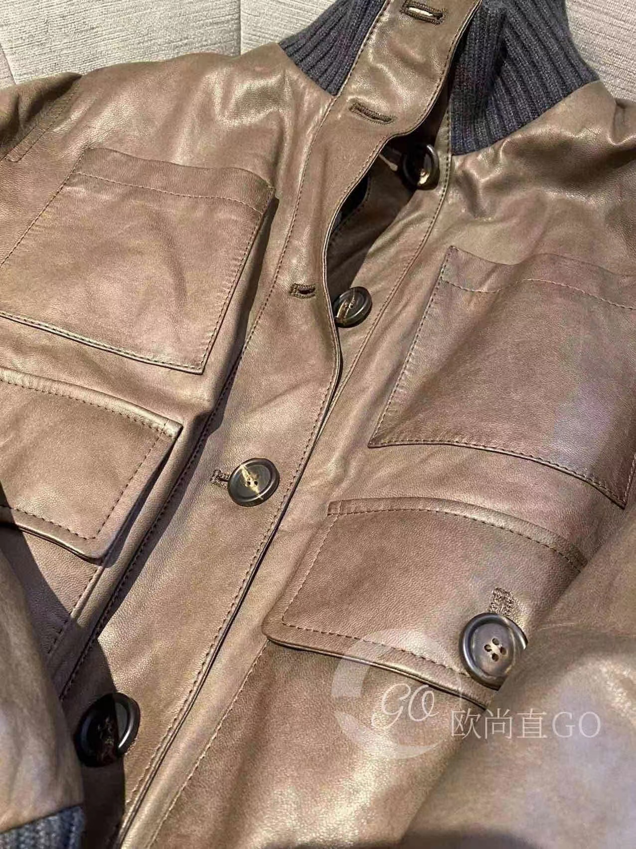 

Men Jackets Brunello Cucinelli Brown Knitted Rib Splicing Sheepskin Jacket Coat