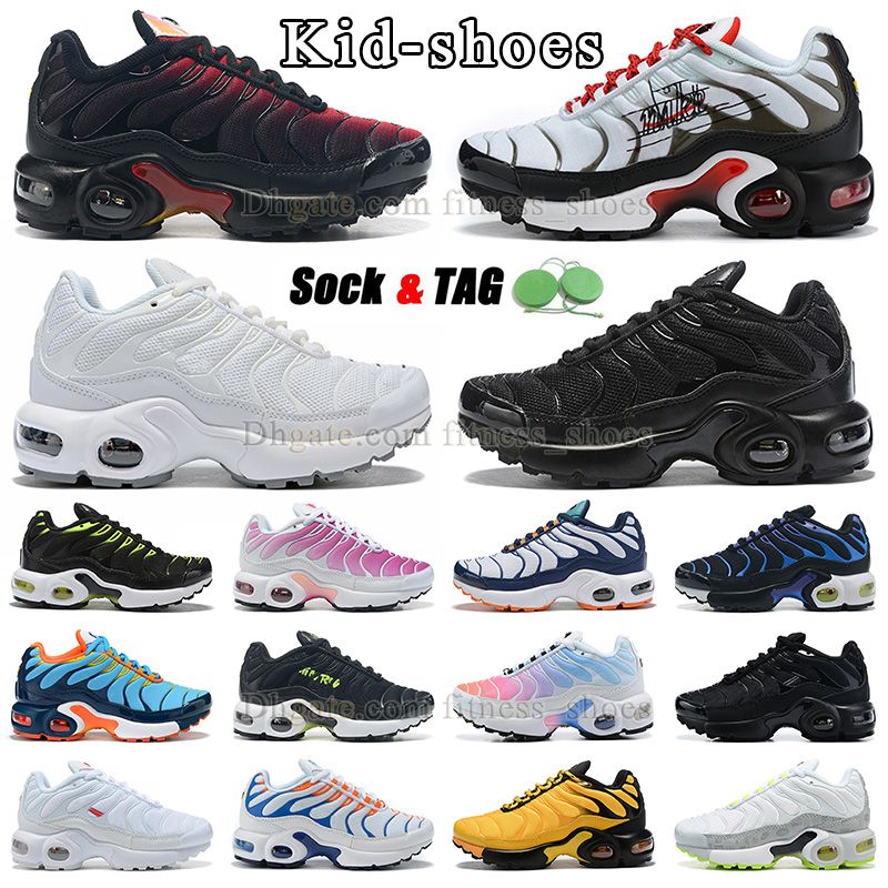 

dhgate hot kid shoes tn plus running shoes triple black red blue green triple white orange yellow infant toddler children shoe boys and girls kids sneaker big size 4y, Tag+extra laces+socks