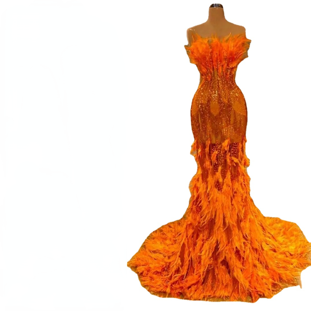 

Luxury Feather Mermaid Evening Dresses Strapless Sequined Sparkle Prom Gowns robes de soieeCelebrity Dress Formal Party Wear, Same as picture