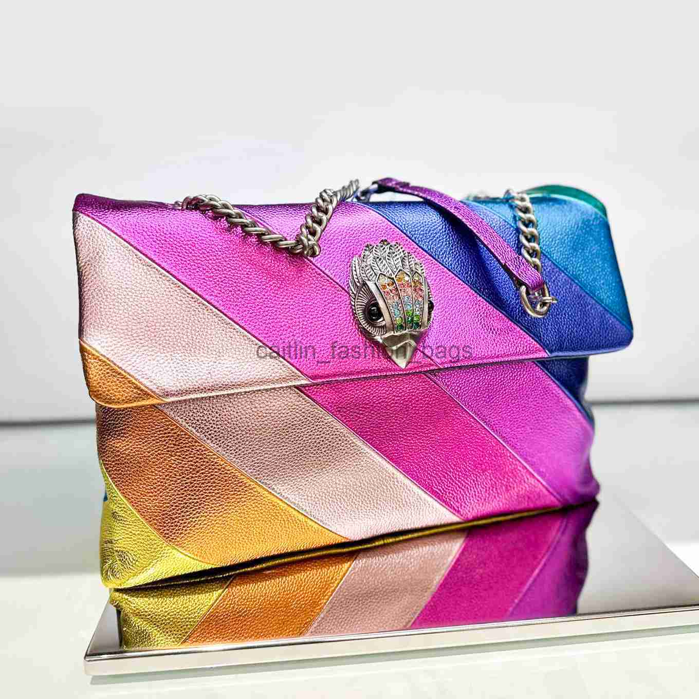 

Fashion Luxury london Designer Kurt Geiger rainbow bag Genuine leather Womens mens stripes Shoulder hand bag tote crossbody chain cool girl sacoche pink clutch Bags