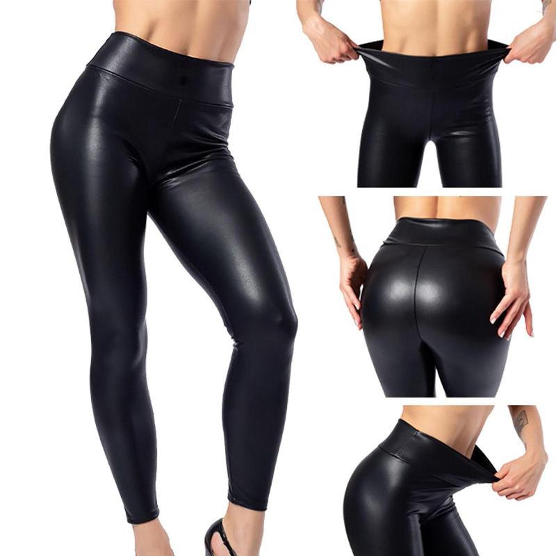 

Women's Pants Women Butto Leggings Leather Wet Look Shiny Disco High Waist Trouser For, Black