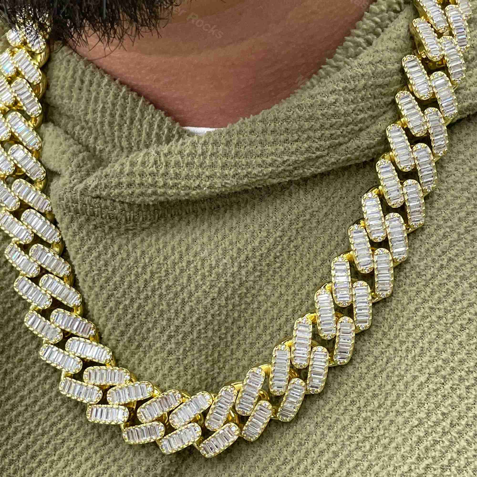 

New Arrival Iced Out 15mm 925 Silver Moissanite Cuban Link Chain Heavy Gold Baguette Cuban Link Chain with Gra