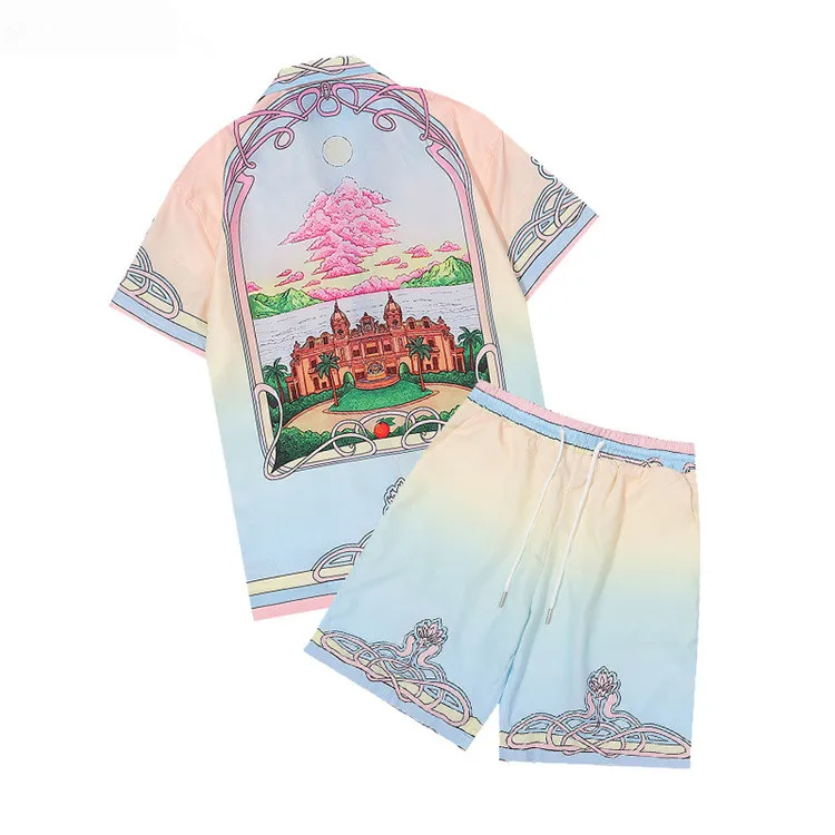 

Casablanc 2023 new mens shirts prairie green print Unisex loose British silk shirt short sleeve designer tees womens loose summer beach tops & shorts set, 17
