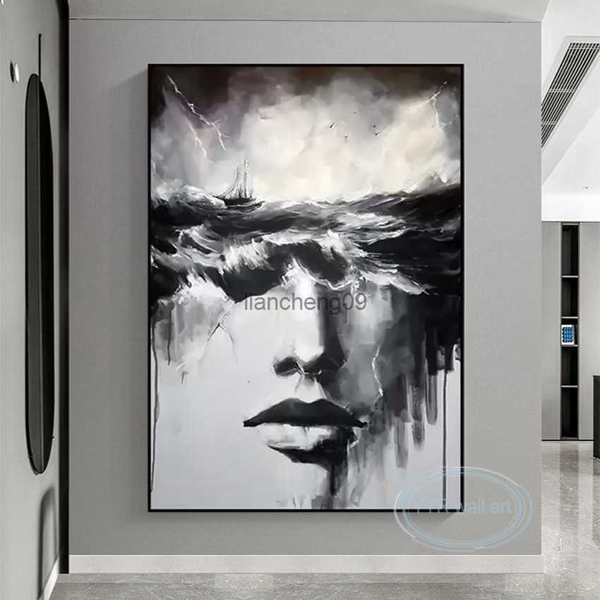 High Quality Handmade Oil Painting Black White Abstract Art Figure Wall Decor Poster Modern Luxury Home Aesthetics Large Mural L260526-image-877887102