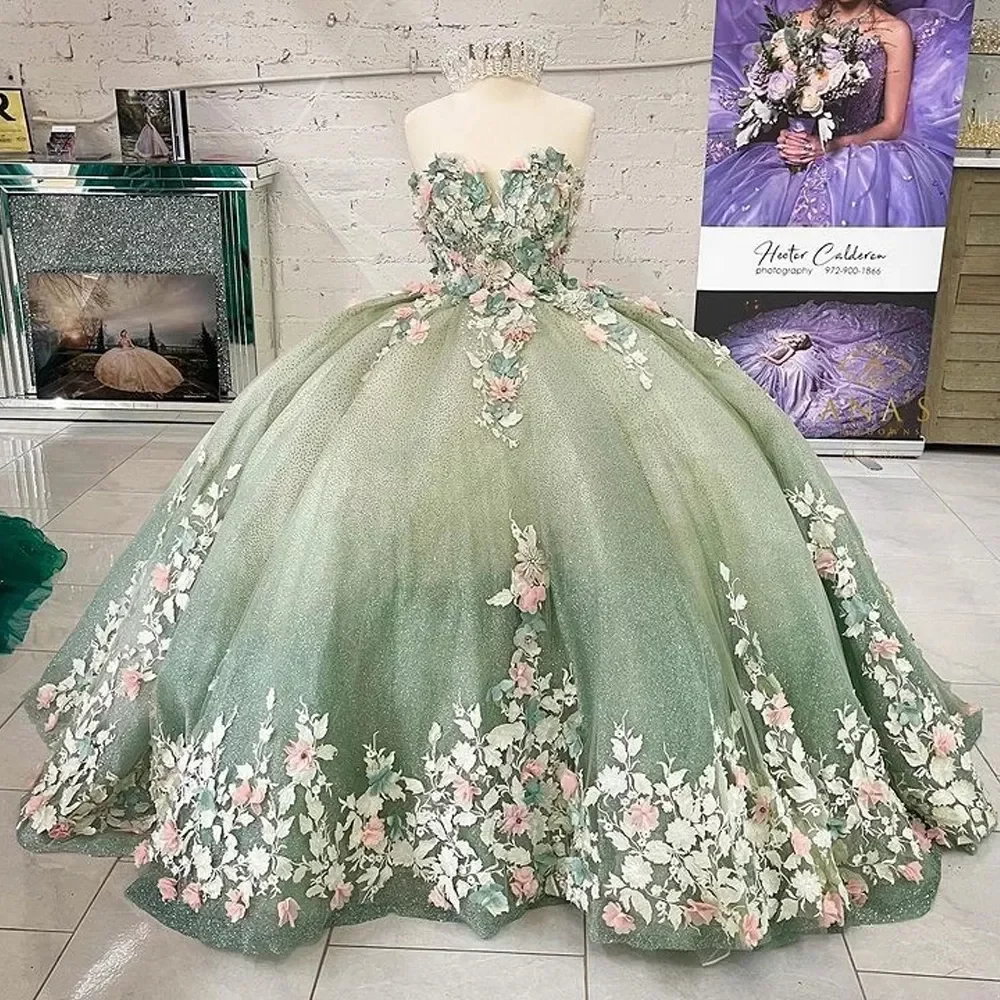 

Light Green Handmade Flowers Quinceanera Dresses Ball Gown Sweetheart Sleeveless Appliques Corset For Sweet 15 Girls Party 2023, Custom made from color chart