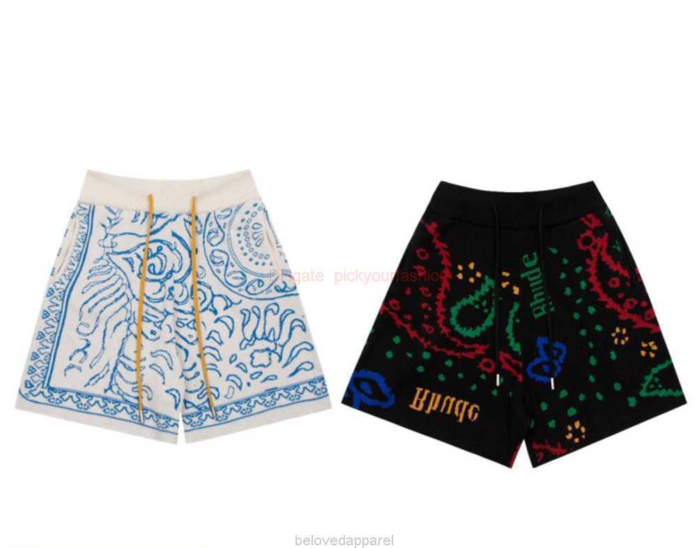 

Designer Short Fashion Casual Clothing Beach shorts Genuine Rhude 2023ss Danube Blue Pattern Knitted Shorts Graffiti Abstract Colored Street Flower Shorts Jogger, Black