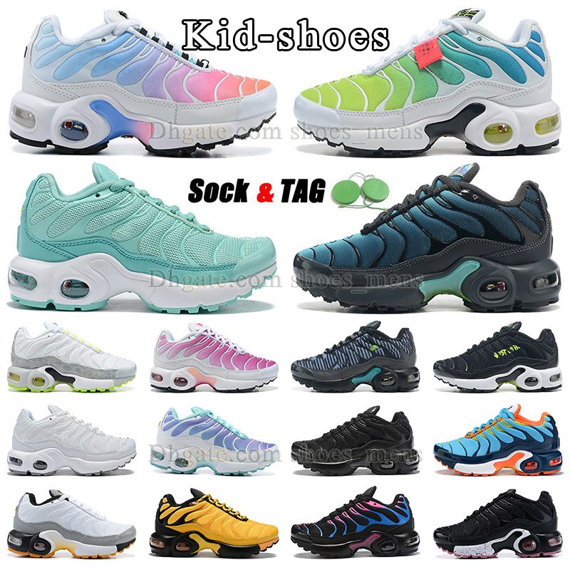 

new fashion kid shoes tn plus running shoes black blue green pinl white yellow triple black boys and girls toddler infant children shoe big size 4 kids sneaker trainers, Tag+extra laces+socks