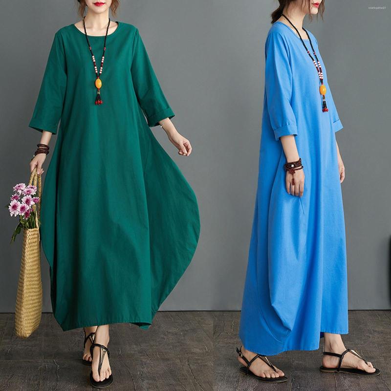 

Casual Dresses Cotton Linen Loose Vintage Dress Women Summer Fashion Long Sleeve O Neck Elegant Party Beach Streetwear Sundress 2023, Blue