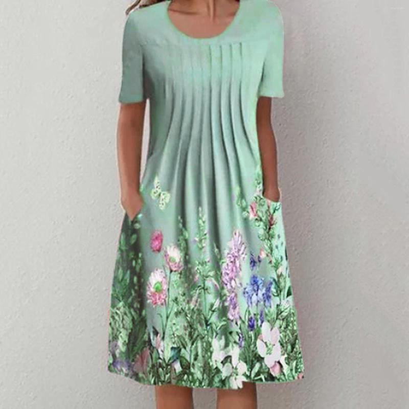 

Casual Dresses Spring/Summer Flower Print Round Neck Pocket Long Striped Pleated Dress For Women Girls, Green